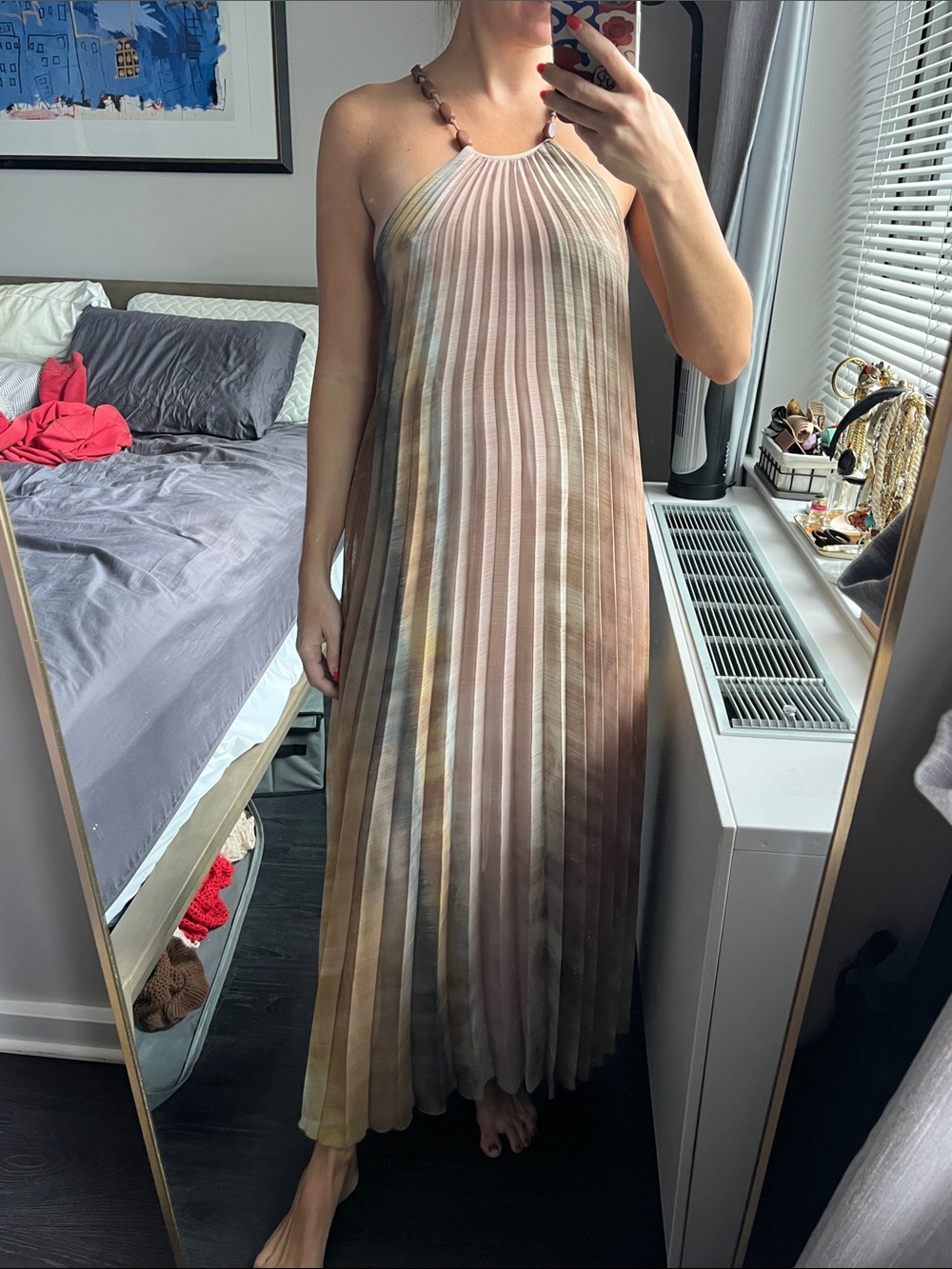 Zara Pleated Halter Maxi Dress in Blush and Brown Tie-Dye